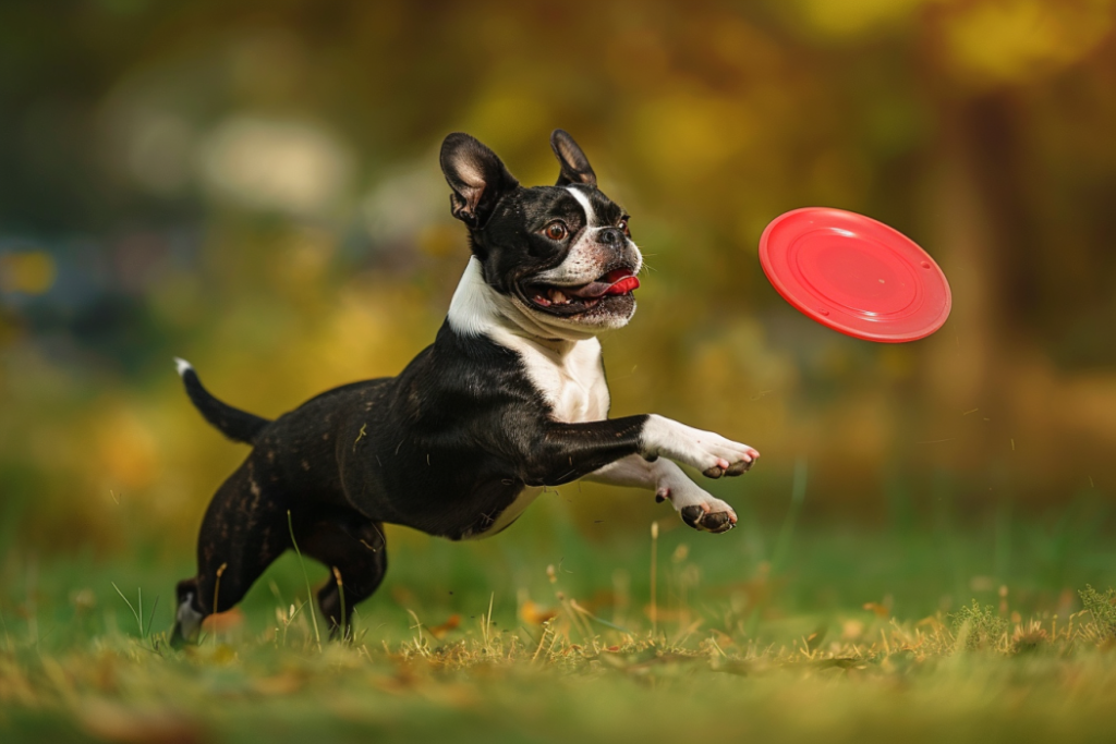 boston terrier play frisbee