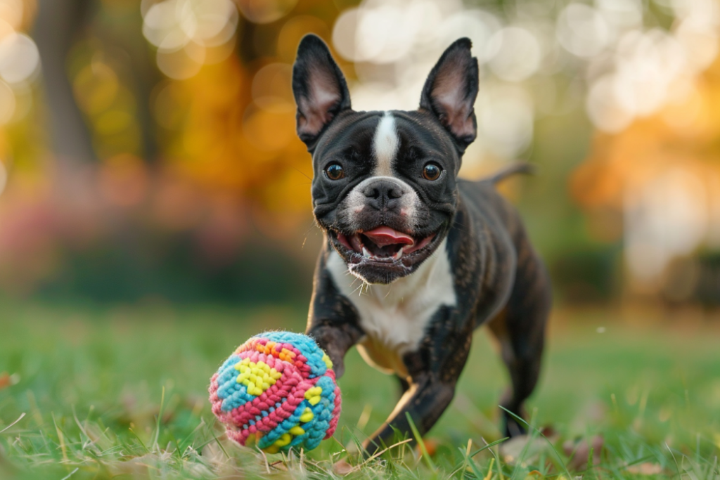 boston terrier playing with a ball