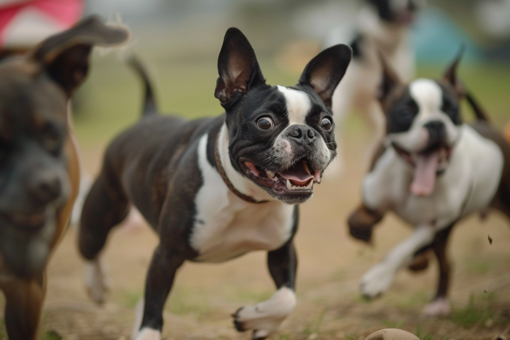 boston terrier playing with other dogs
