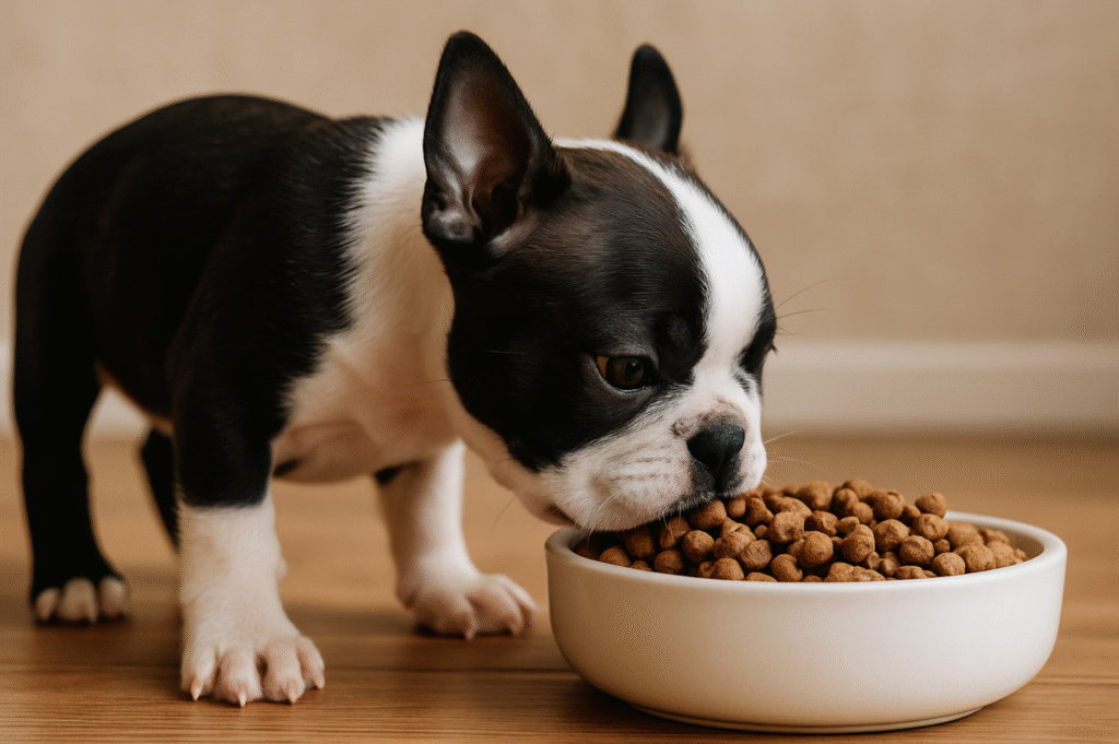 Boston Terrier puppy eating food