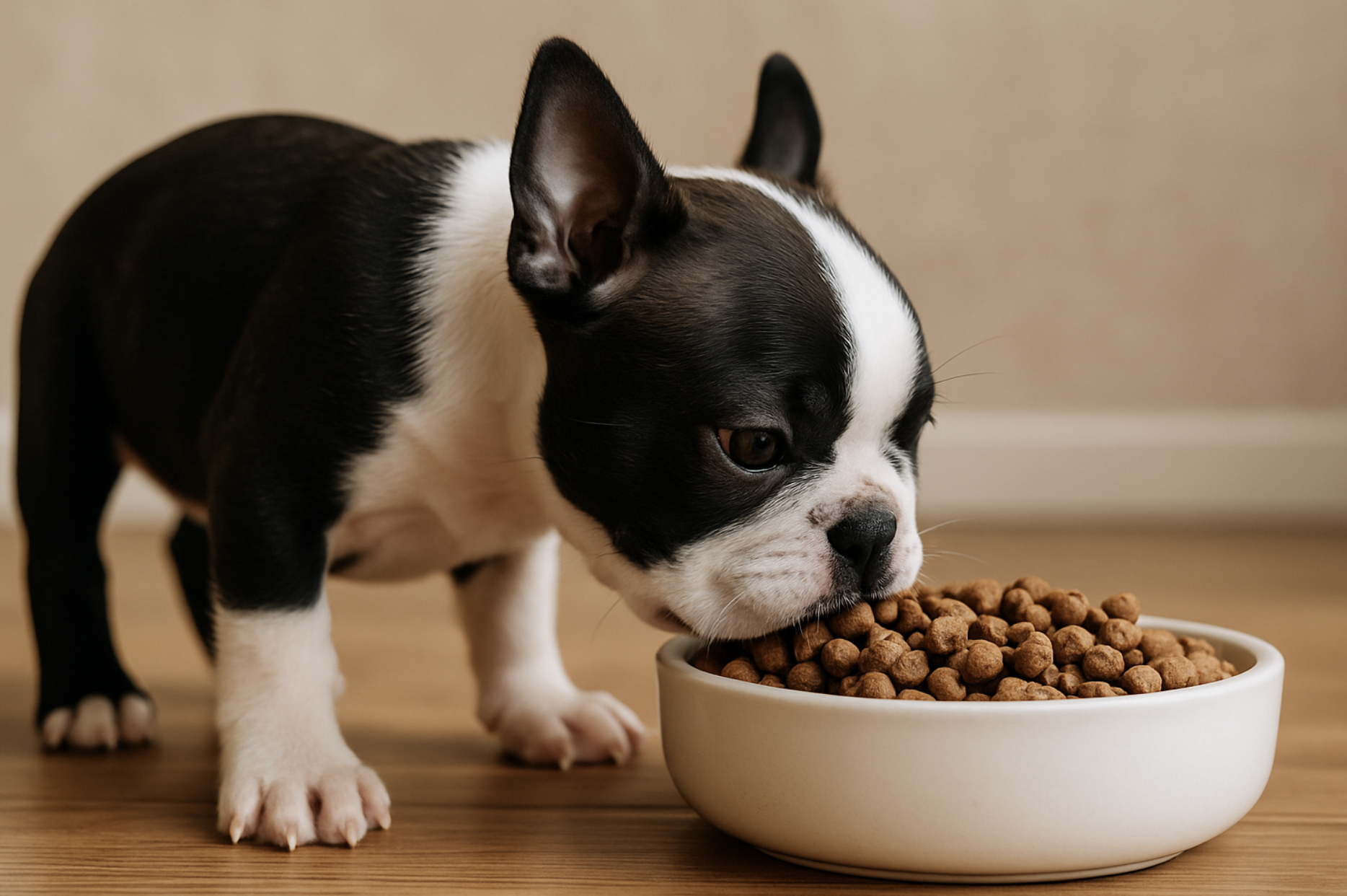 Boston Terrier puppy eating food