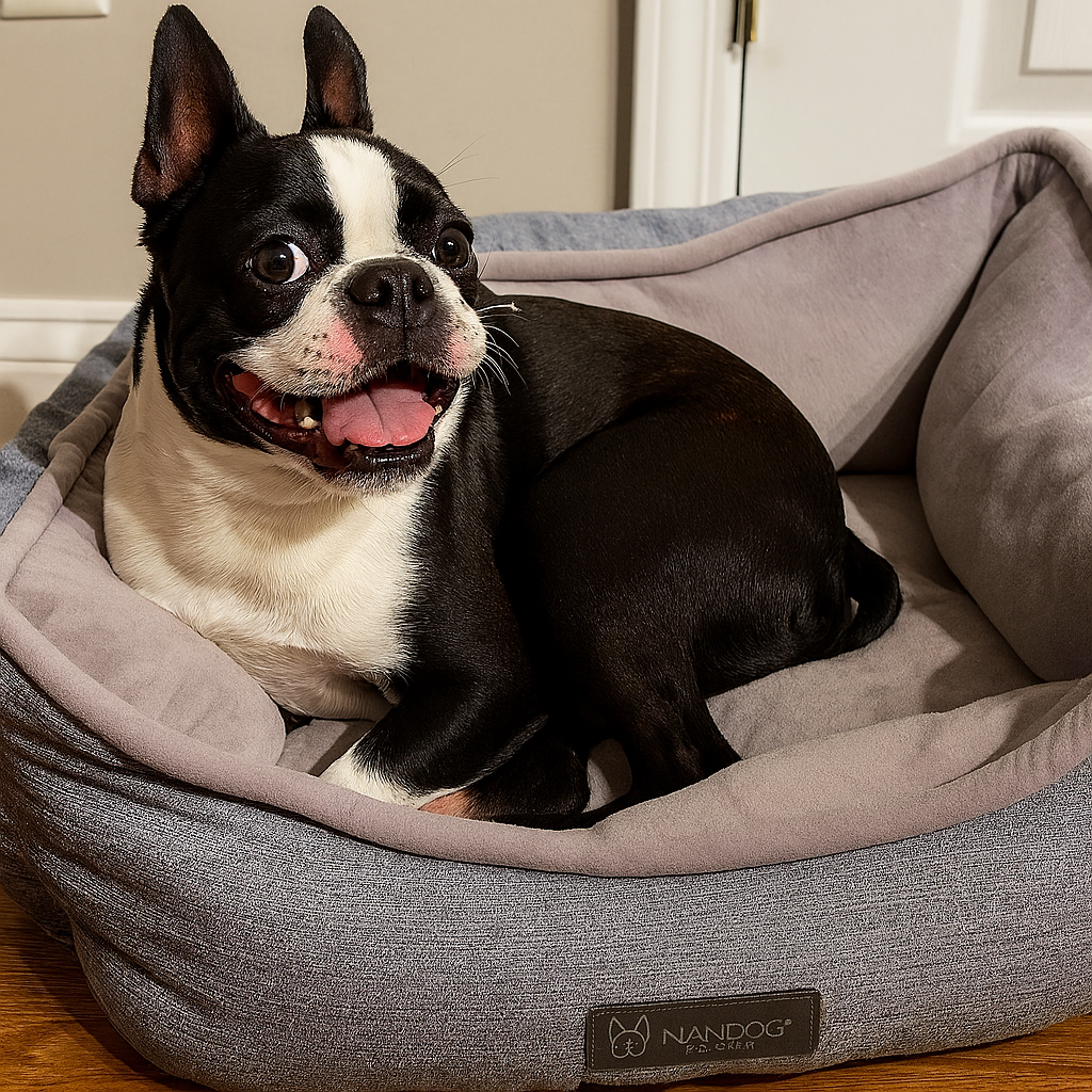 Happy Boston Terrier in bed