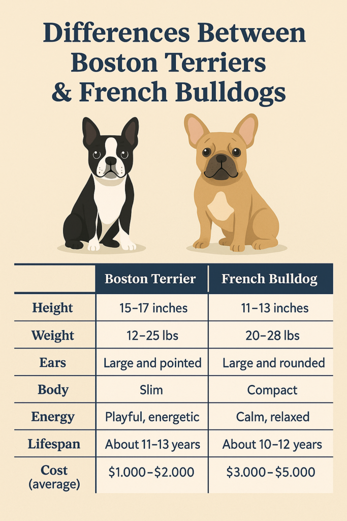 Boston Terrier vs French Bulldog: side-by-side look at size, shape, energy, and common health differences