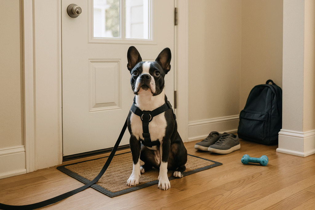 Boston Terrier named sitting by front door