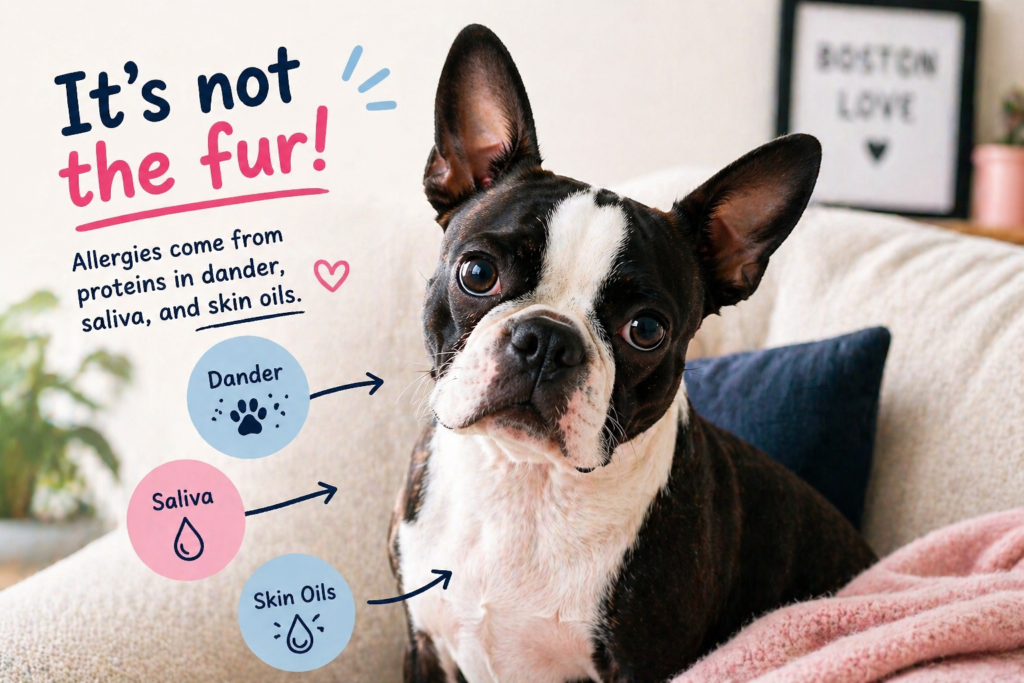 Boston Terrier close-up with fun allergy notes showing that dog allergies come from dander, saliva, and skin oils