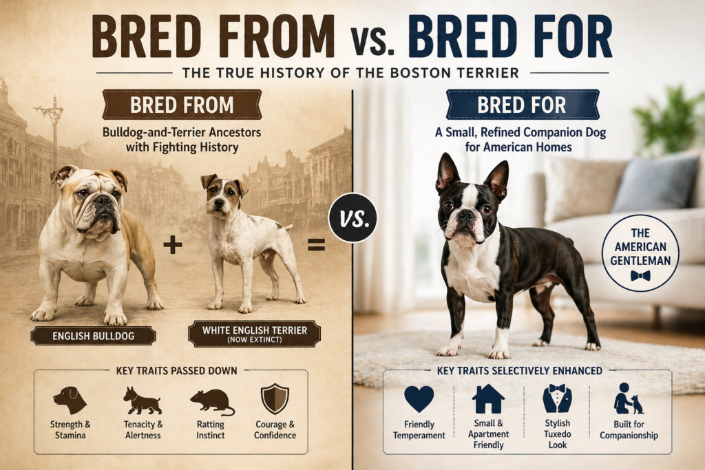Boston Terrier ancestry compared with the modern companion dog the breed became