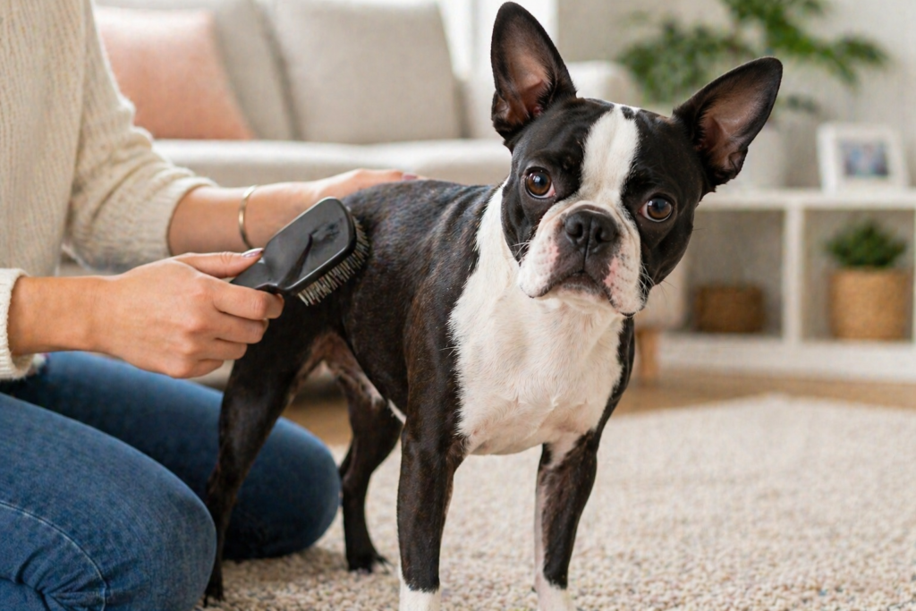 Boston Terrier being gently brushed to reduce loose hair and dander