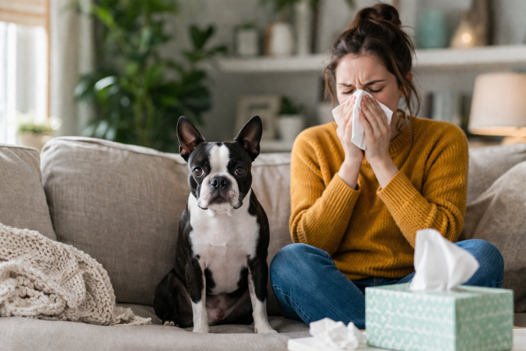 Boston Terrier sitting on a couch with a person who may have dog allergies