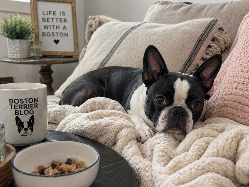 Dumpling the Boston Terrier resting on a cozy sofa at home