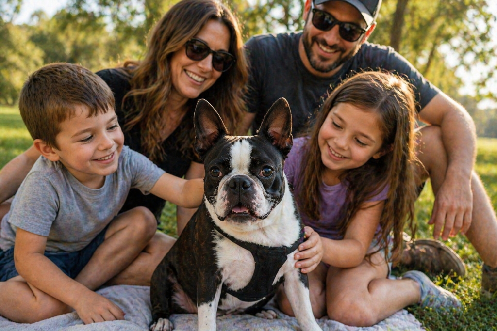 Boston Terrier sitting outdoors with a smiling family, showing the breed’s friendly companion dog personality.