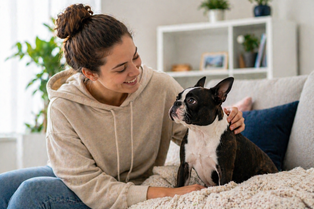 Person spending time with a Boston Terrier before deciding if the breed works with allergies